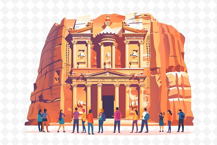 PSD jordanian tourists visiting petra design is historical and m illustration cutural landscape view