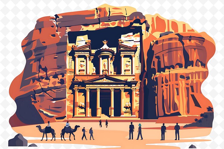 PSD jordanian tourists visiting petra design is historical and m illustration cutural landscape view