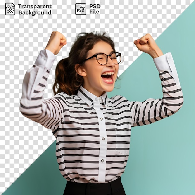 PSD joyful asian woman with long blond hair and a smiling face stands in front of a blue wall wearing a white shirt and raising her arms in excitement