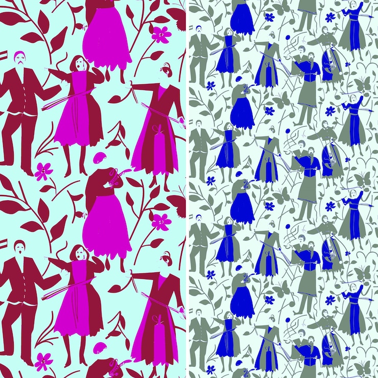 PSD joyful carolers with music note silhouettes and colorful des illustration vector pattern designs