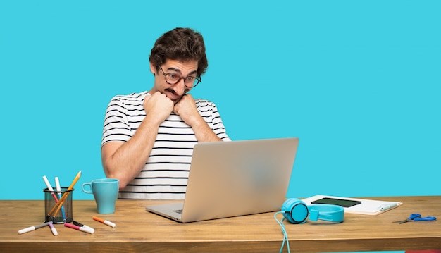 joyful crazy man with laptop