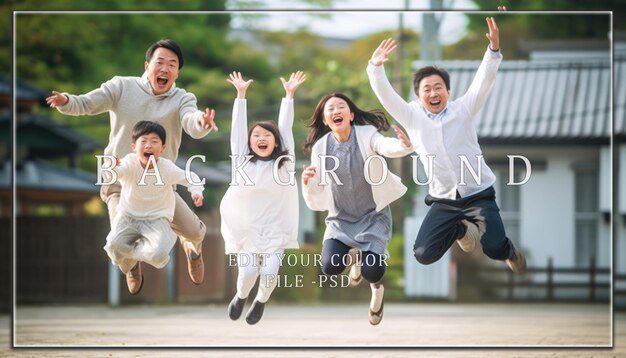 joyful family jump in a japanese setting