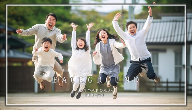 joyful family jump in a japanese setting