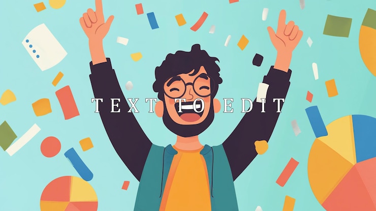 PSD joyful man celebrating success amidst colorful confetti and data charts