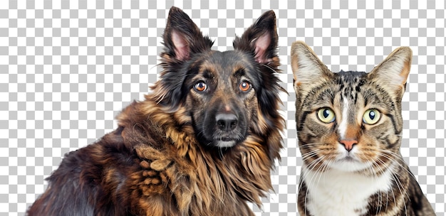 Joyful portrait of a dog and a cat looking at the camera together with happiness on a transparent background