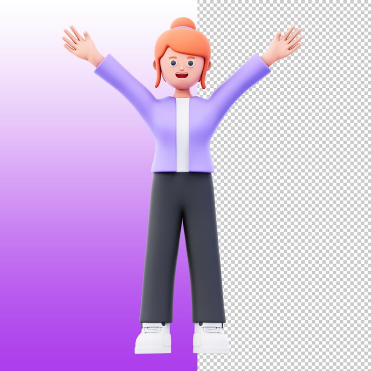 PSD joyful woman celebrating success with arms raised in 3d cartoon style