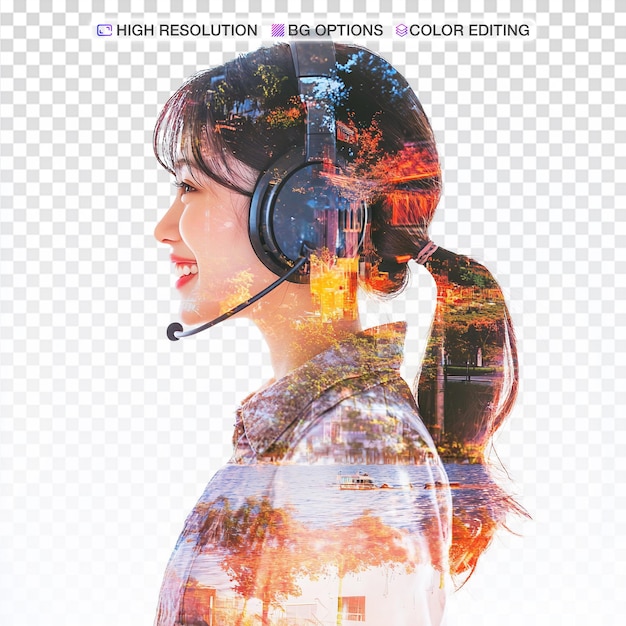 Joyful Woman with Headset Surrounded by a Lush Summer Park