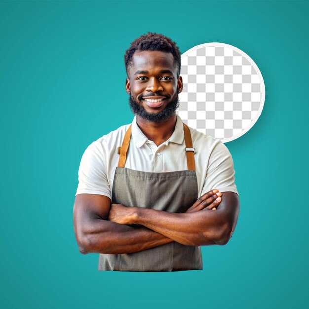 PSD joyful young afroamerican male barber wearing uniform holding scissors pointing behind isolated