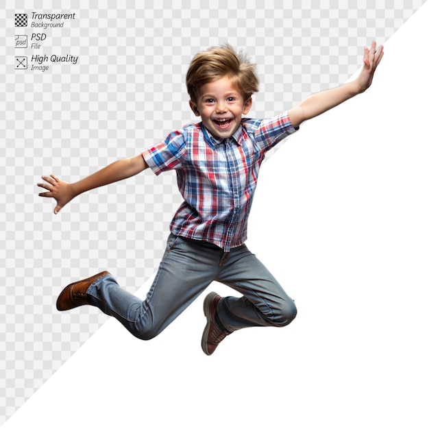 PSD joyful young boy jumping high in excitement and happiness