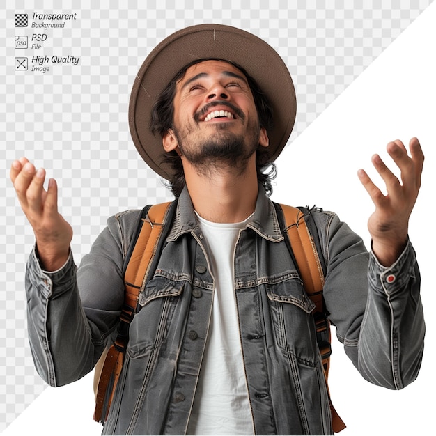 Joyful young man with hat and backpack laughing