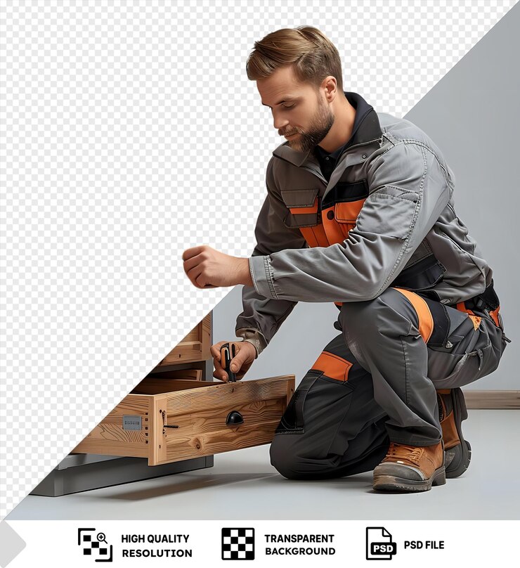PSD joyous repair technician repairing a piece of kitchen furniture in front of a gray jacket psd png