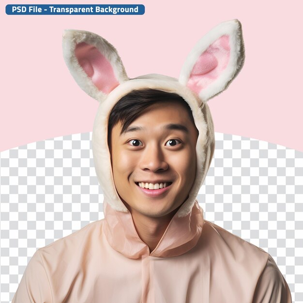 PSD jubilant asian guy with a joyful demeanor dressed in an easter bunny ensemble