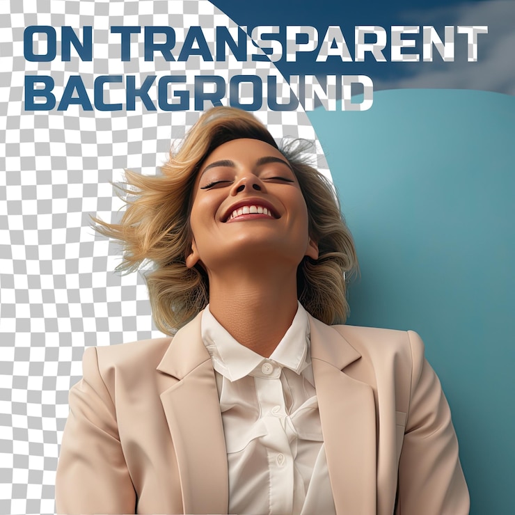 PSD a jubilant middle aged woman with blonde hair from the asian ethnicity dressed in lawyer attire poses in a lying down with head propped up style against a pastel sky blue background