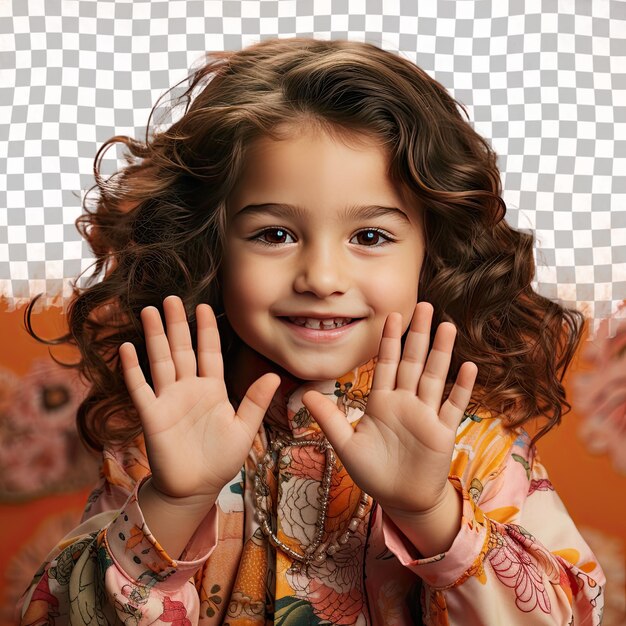 A jubilant preschooler boy with long hair from the asian ethnicity dressed in collecting stamps attire poses in a close up of hands style against a pastel peach background