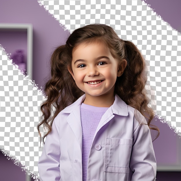PSD jubilująca dziewczyna w wieku przedszkolnym z długimi włosami z etniczności uralskiej ubrana w strój dietetyczny pozuje w stylu profilowej sylwetki na tle pastelowej lawendy