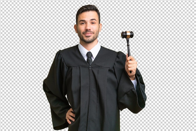 PSD judge caucasian man over isolated background posing with arms at hip and smiling