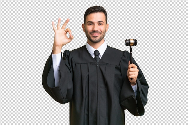 PSD judge caucasian man over isolated background showing ok sign with fingers