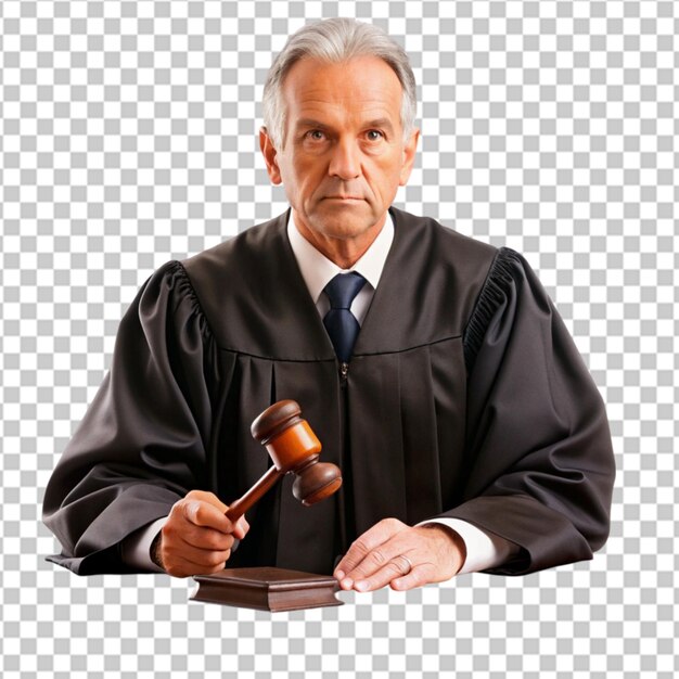 A judge in a judges court is holding a judges gavel isolaed on whitee ...