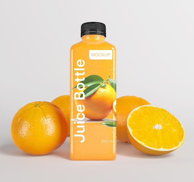 PSD bottiglia di succo con mockup di arance