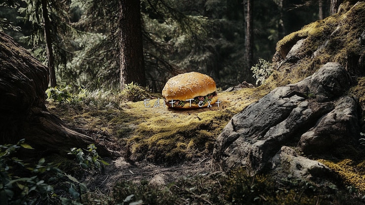 PSD juicy burger rests on mossy forest rock