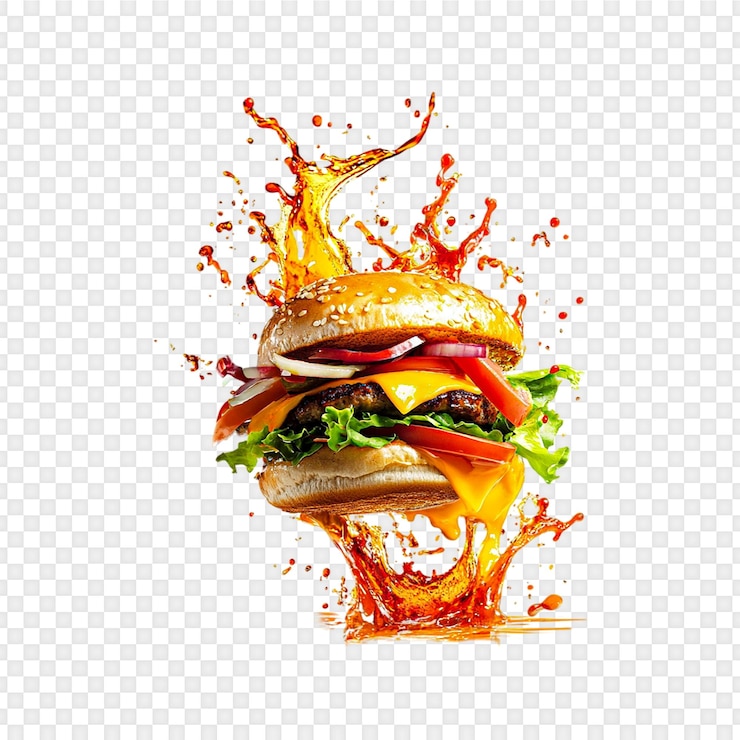 PSD juicy cheeseburger splash izolowany na przezroczystym tle
