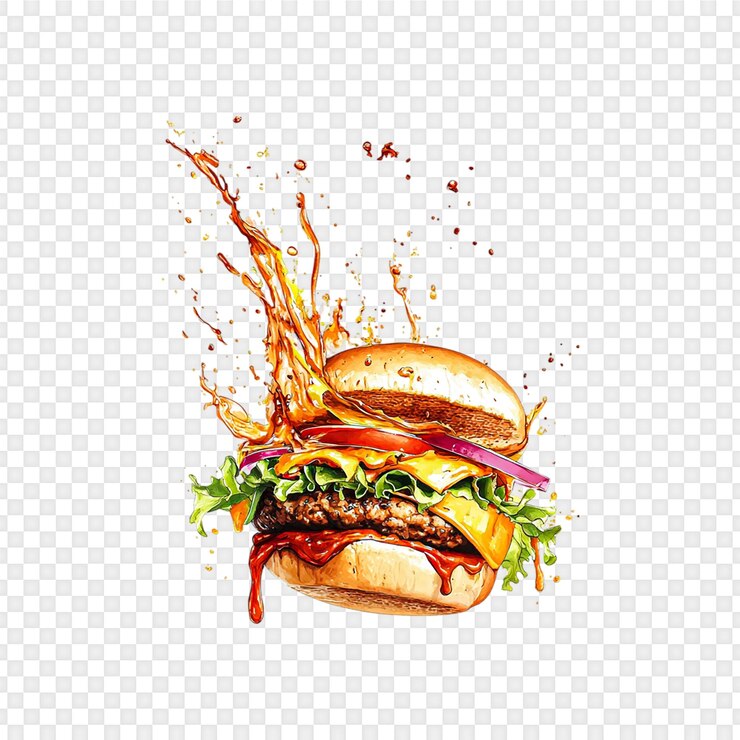 PSD juicy cheeseburger splash izolowany na przezroczystym tle