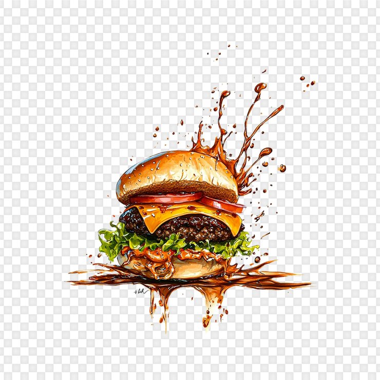 PSD juicy cheeseburger splash izolowany na przezroczystym tle