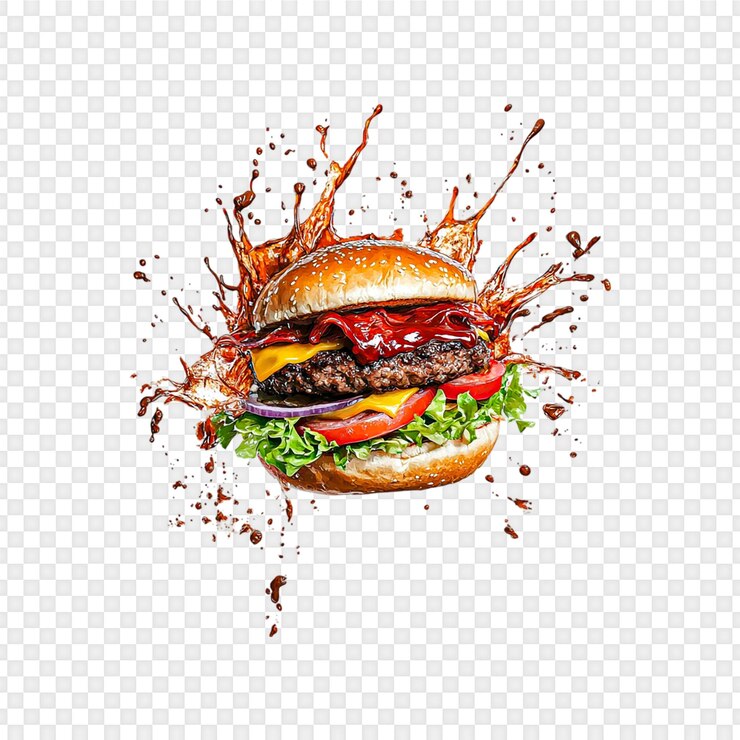 PSD juicy cheeseburger splash izolowany na przezroczystym tle