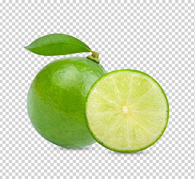 Juicy fresh lime citrus with green leaves isolated  