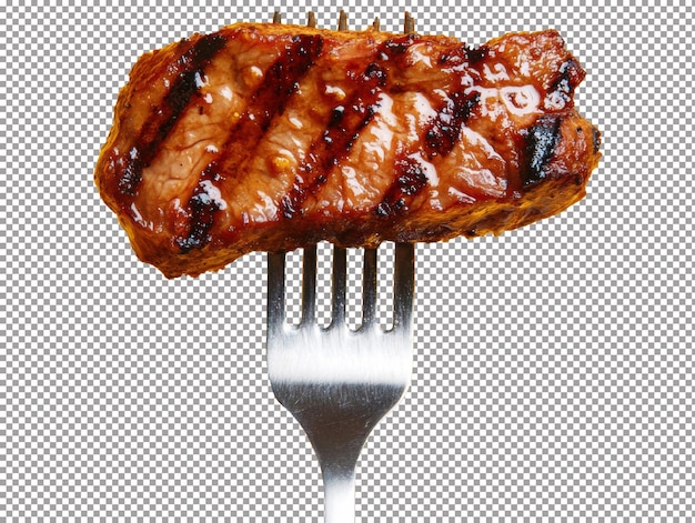 鮮やかな黄色の背景にフォークに寄りかかっているジューシーなグリル肉