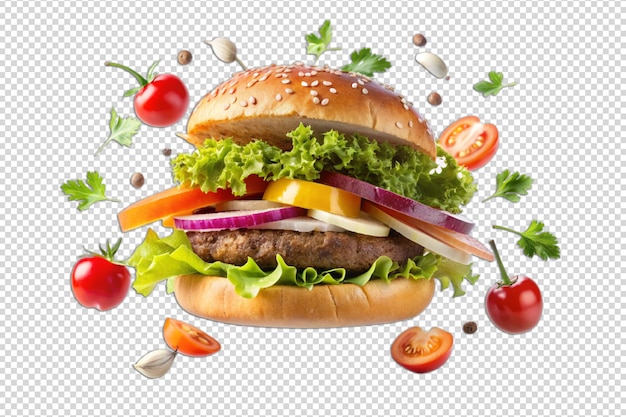 juicy hamburger ingredients fly in the air png