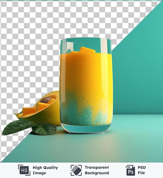 Juicy mango smoothie in a tall glass on a blue table against a blue wall with a green leaf in the foreground