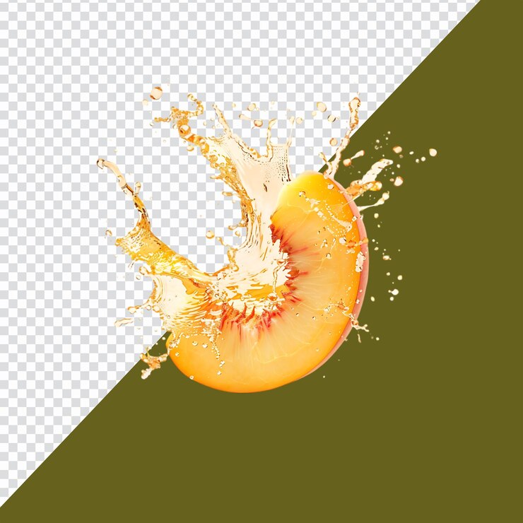 PSD juicy peach slices splash with vibrant colors isolated on transparent background