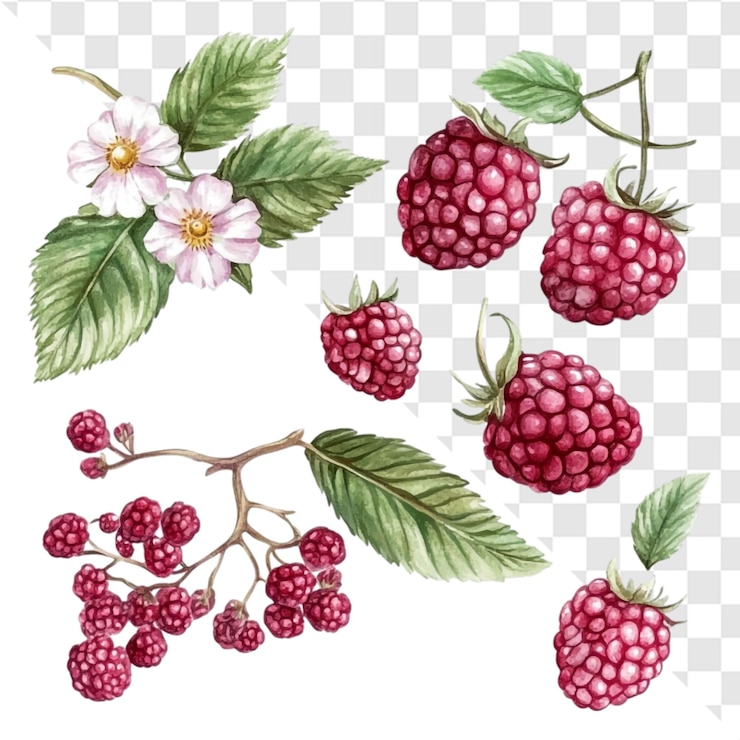PSD juicy raspberries and delicate flowers a watercolor delight