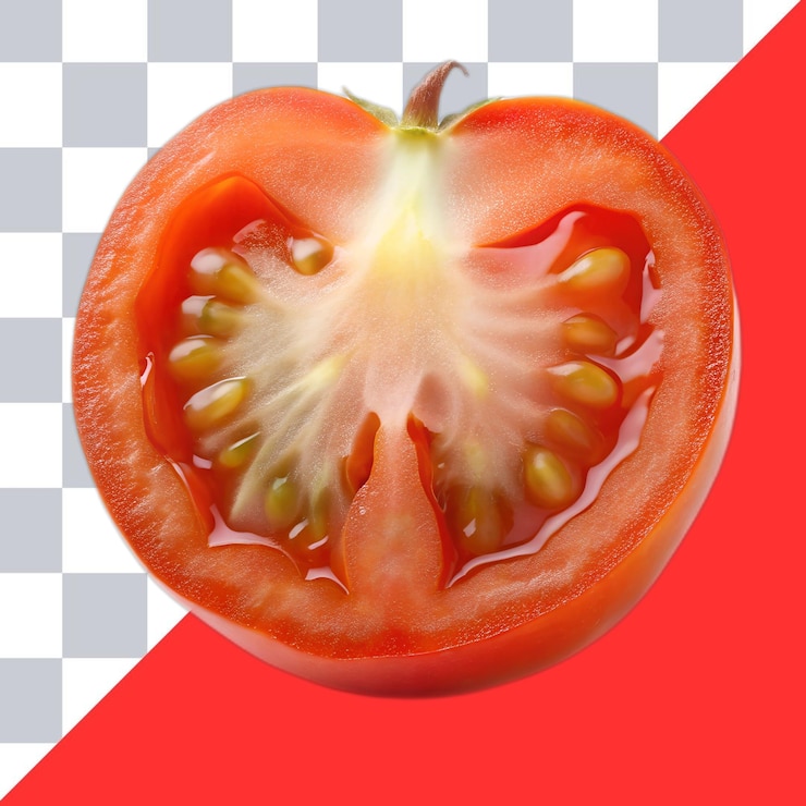 PSD a juicy red tomato cut in half on a black background
