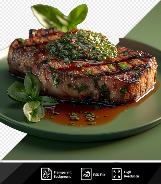 PSD juicy steak with chimichurri sauce on a plate