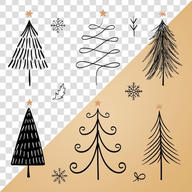 Juledoodle-PNG-sticker med sødt træ og dyreillustration i sort sæt