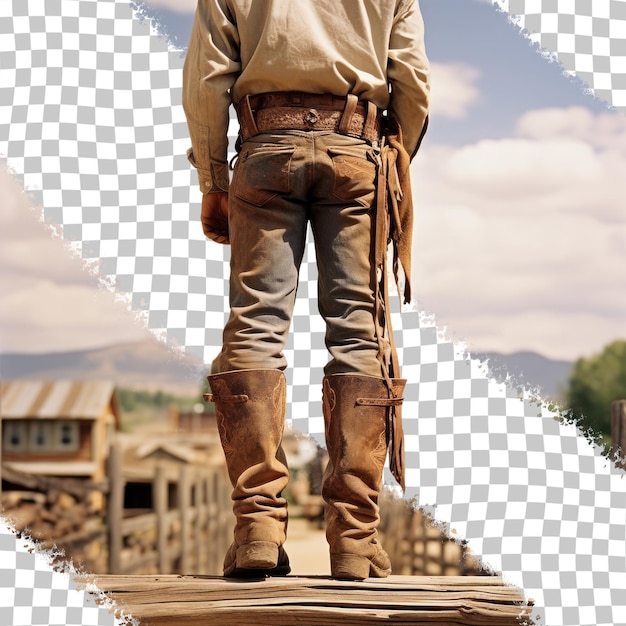 PSD in july 2007 in steamboat springs colorado usa an authentic rodeo cowboy was observed standing on a weathered wooden rail dressed in blue jeans boots and chaps this individual captured from