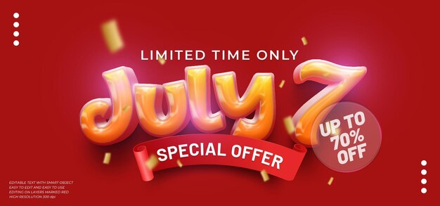 July sale special offer design banner template with text effect editable 3d style