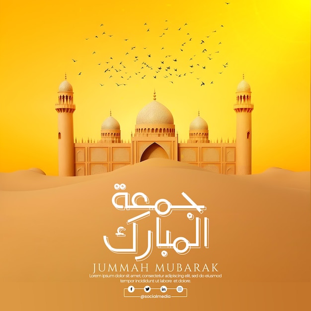 Jumma mubarak venerdì santo calligrafia araba post sui social media con moschea in un deserto