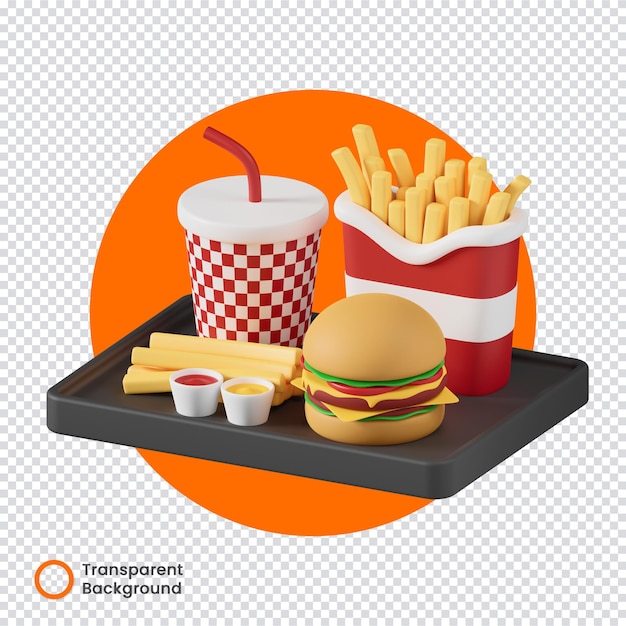 PSD junk food hamburger patatine fritte soda salsa 3d sfondo trasparente