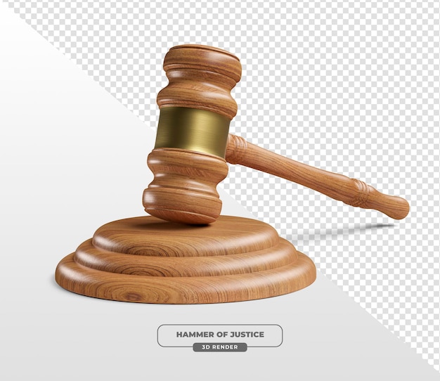 Justice Hammer 3D Render on Wooden Base In 3d render with background transparent