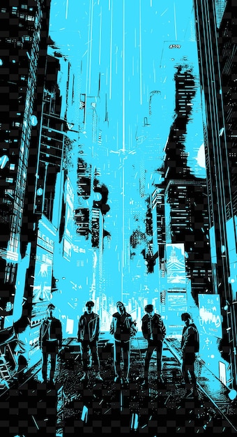 PSD il gruppo k pop si esibisce in un paesaggio urbano futuristico con disegni di poster musicali illustrati con neon l
