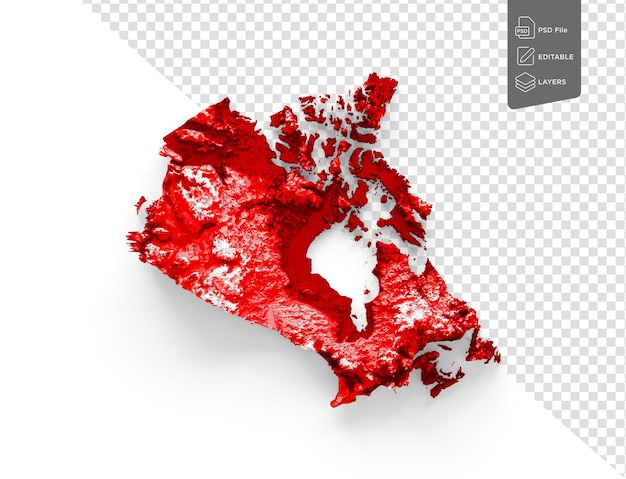 PSD kaart van canada met de vlag kleuren wit en rood schaduw reliëf kaart op witte achtergrond 3d illustratie