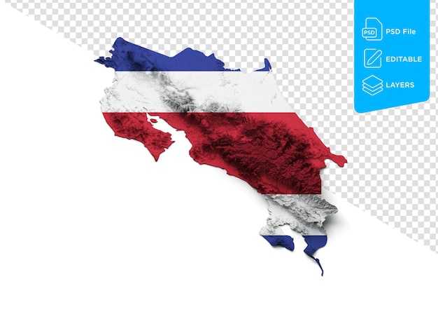 PSD kaart van costa rica vlag van costa rica schaduwrijk reliëf kleur hoogtekaart op geïsoleerde achtergrond 3d illustratie