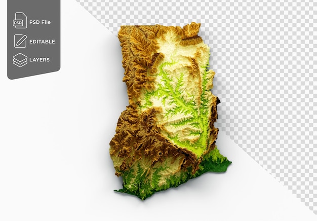 PSD kaart van ghana schaduwrelief kleurhoogte kaart op witte achtergrond 3d illustratie