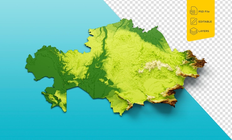 PSD kaart van kazachstan schaduwrelief kleur hoogte kaart op zeeblauwe achtergrond 3d illustratie