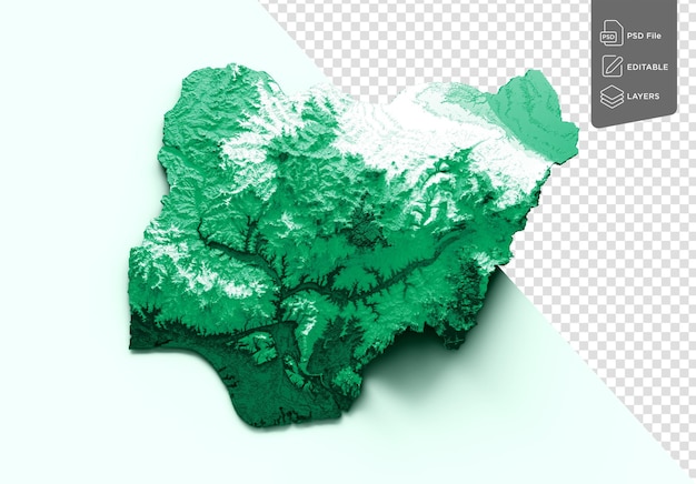 Kaart van nigeria met de vlag kleuren rood en geel schaduwrelief kaart 3d illustratie