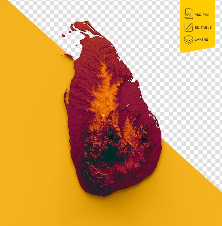 PSD kaart van sri lanka vlagkleuren rood en oranje schaduw reliefkaart op gele achtergrond 3d illustratie