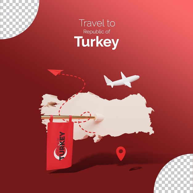 PSD kaart van turkije met vlag en reisconcept op een rode achtergrond